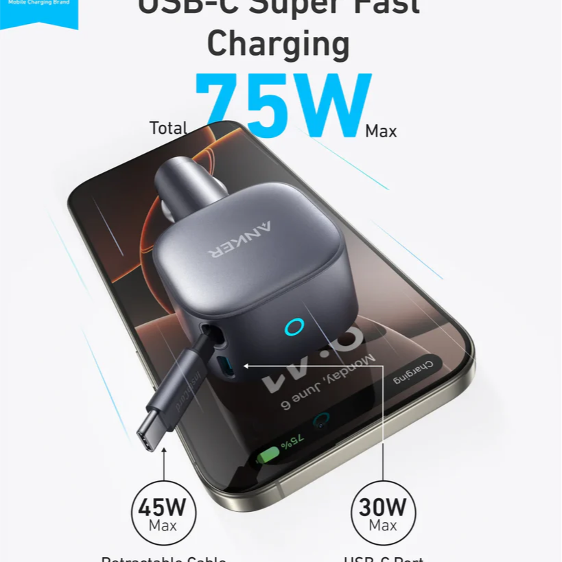 Anker Nano 75W Usb-C Car Charger With Built-In Retractable Usb-C Cable A2738