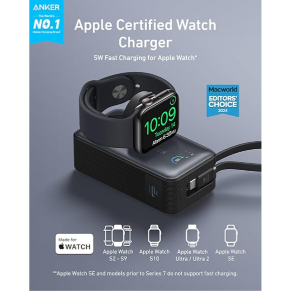 Anker A1657 Maggo Power Bank For Apple Watch, Officially Certified, 10,000 Mah Compact Battery Pack With Built-In Usb-C Cable, 35 W Max