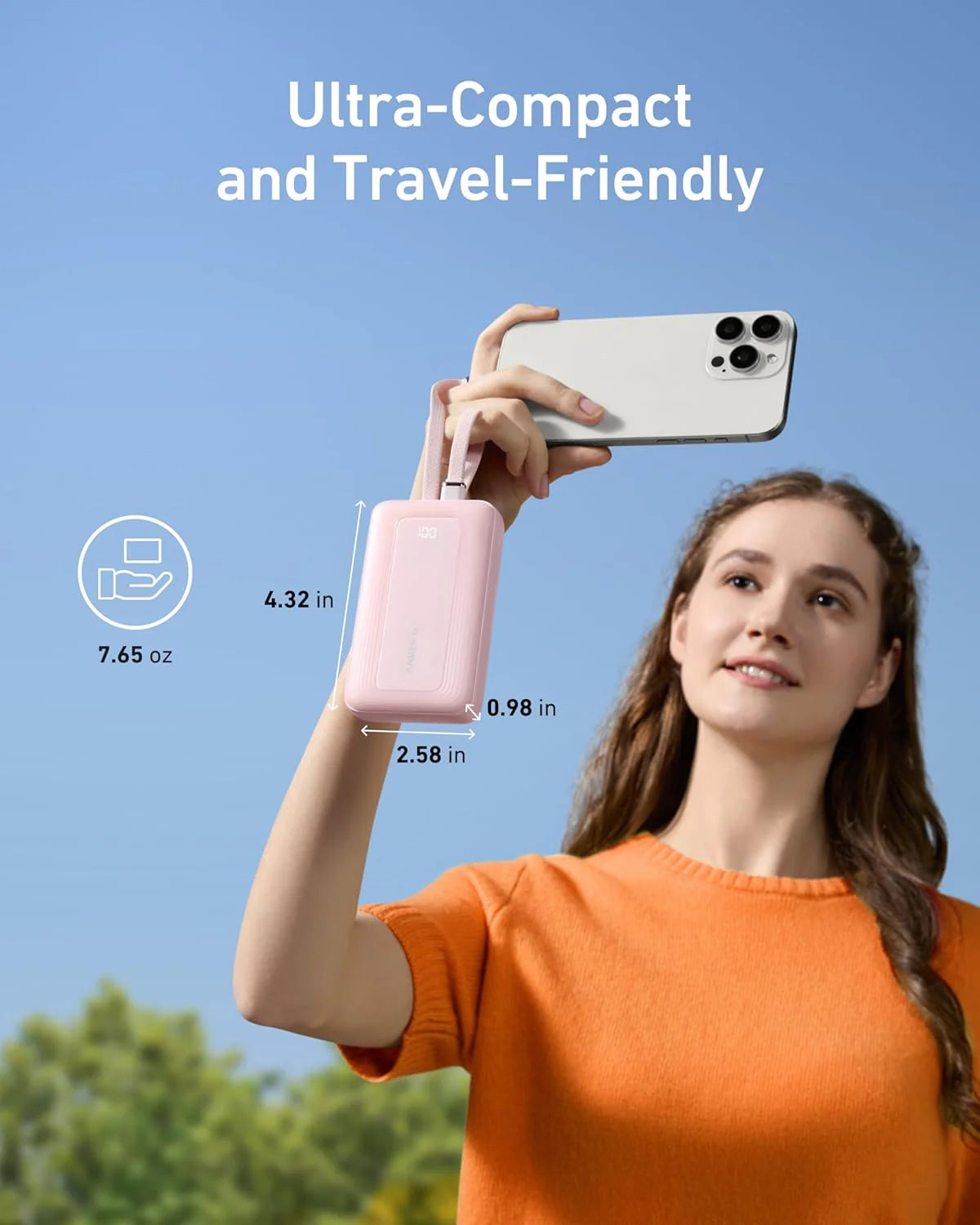 Anker Zolo Power Bank 10000mAh 30W with Built-in USB-C and Lightning Cables A1680 - White