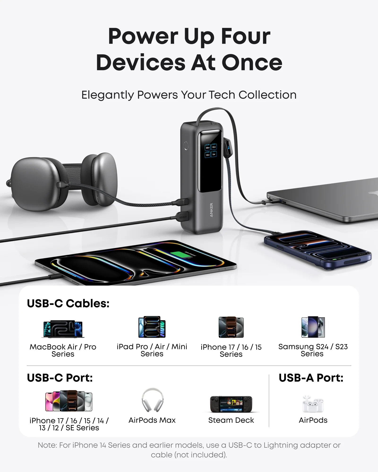 Anker Zolo Power Bank 25K 165W Built-In And Retractable Cables A1695H11